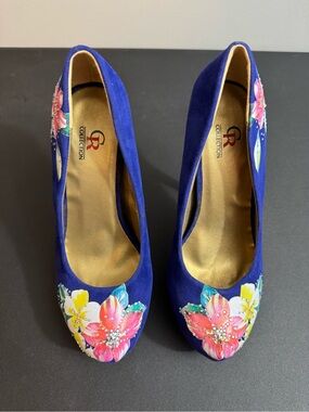 Blue Suede Floral Embellished Pumps